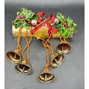 Vintage Christmas Holly Yule Log 5 Bell Ringer Door Decorations Chime Japan TO11